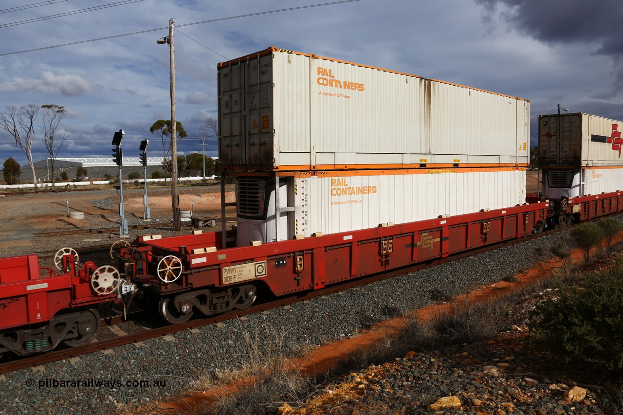 160526 5308
West Kalgoorlie, SCT train 3MP9 operating from Melbourne to Perth, PWWY type PWWY 0038 one of forty well waggons built by Bradken NSW for SCT, loaded with a 48' reefer MFR3 type Rail Containers SCFU 811019 and a 48' MFG1 type Rail Containers SCFU 412609.
Keywords: PWWY-type;PWWY0038;Bradken-NSW;