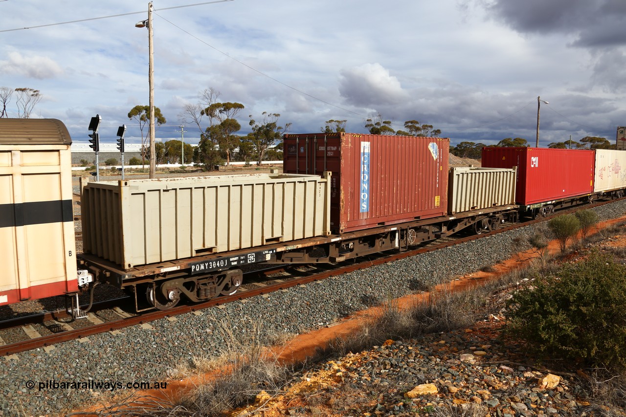 160526 5312
West Kalgoorlie, SCT train 3MP9 operating from Melbourne to Perth, PQMY type 60' 3TEU container flat waggon PQMY 3040 originally built by Carmor Engineering SA in 1975 as an RMX type flat, recoded through AQMX - AQMY - RQMY types before SCT ownership, loaded with two 20' half height open top containers coded WH 23 and another and a 20' 2EG1 type Cronos box CRXU 077869.
Keywords: PQMY-type;PQMY3040;Carmor-Engineering-SA;RMX-type;