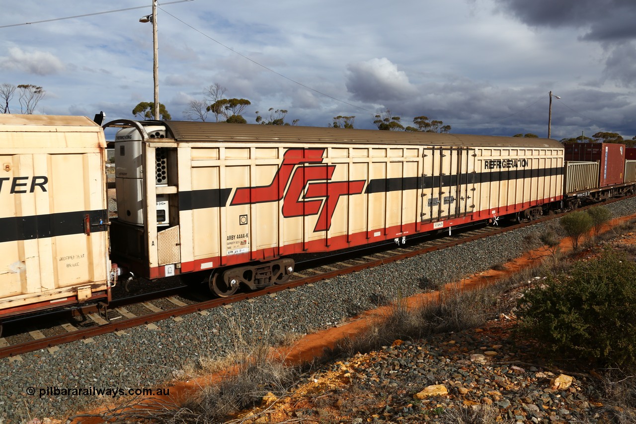 160526 5313
West Kalgoorlie, SCT train 3MP9 operating from Melbourne to Perth, ARBY type ARBY 4444 refrigerated van, originally built by Comeng WA in 1977 as a VFX type covered van for Commonwealth Railways, recoded to ABFX and converted from ABFY by Gemco WA in 2004/05 to ARBY.
Keywords: ABSY-type;ABSY4444;Comeng-WA;VFX-type;ABFX-type;