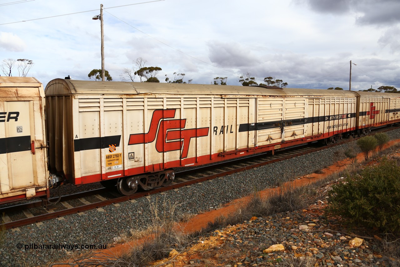 160526 5340
West Kalgoorlie, SCT train 3MP9 operating from Melbourne to Perth, ABSY type ABSY 2792 covered van, originally built by Carmor Engineering SA in 1976 as a VFX type covered van for Commonwealth Railways, recoded to ABFX and converted from ABFY by Gemco WA in 2004/05 to ABSY.
Keywords: ABSY-type;ABSY2792;Carmor-Engineering-SA;VFX-type;ABFY-type;