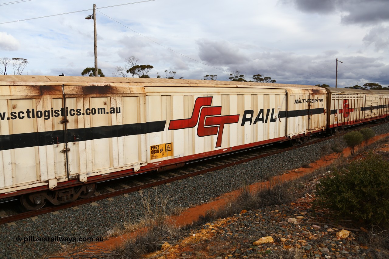 160526 5341
West Kalgoorlie, SCT train 3MP9 operating from Melbourne to Perth, PBGY type covered van PBGY 0088 Multi-Freighter, one of eighty units built by Gemco WA.
Keywords: PBGY-type;PBGY0088;Gemco-WA;