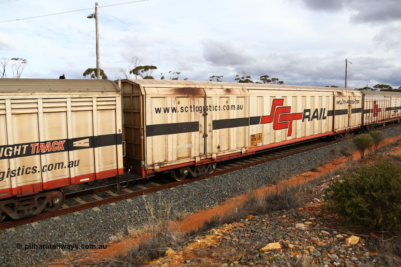 160526 5343
West Kalgoorlie, SCT train 3MP9 operating from Melbourne to Perth, PBGY type covered van PBGY 0073 Multi-Freighter, one of eighty two waggons built by Queensland Rail Redbank Workshops in 2005.
Keywords: PBGY-type;PBGY0073;Qld-Rail-Redbank-WS;