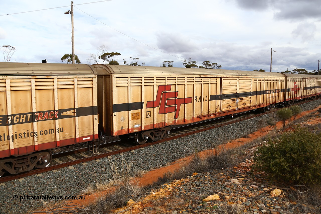 160526 5345
West Kalgoorlie, SCT train 3MP9 operating from Melbourne to Perth, ABSY type ABSY 2680 covered van, originally built by Comeng NSW in 1973 for Commonwealth Railways as VFX type, recoded to ABFX and RBFX to SCT as ABFY before conversion by Gemco WA to ABSY in 2004/05.
Keywords: ABSY-type;ABSY2680;Comeng-NSW;VFX-type;