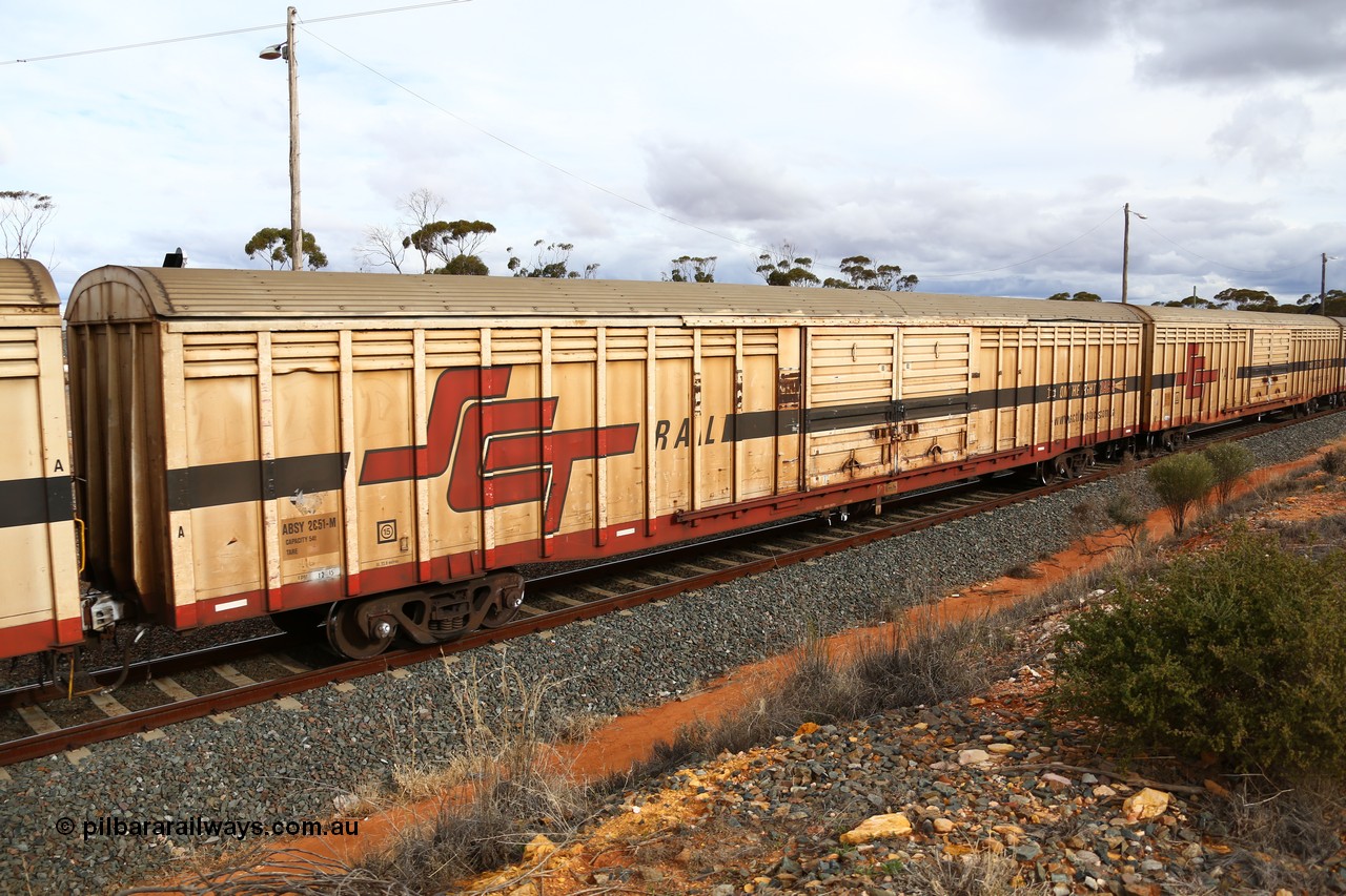 160526 5346
West Kalgoorlie, SCT train 3MP9 operating from Melbourne to Perth, ABSY type ABSY 2651 covered van, originally built by Comeng NSW in 1973 for Commonwealth Railways as VFX type, recoded to ABFX and RBFX to SCT as ABFY before conversion by Gemco WA to ABSY in 2004/05.
Keywords: ABSY-type;ABSY2651;Comeng-NSW;VFX-type;