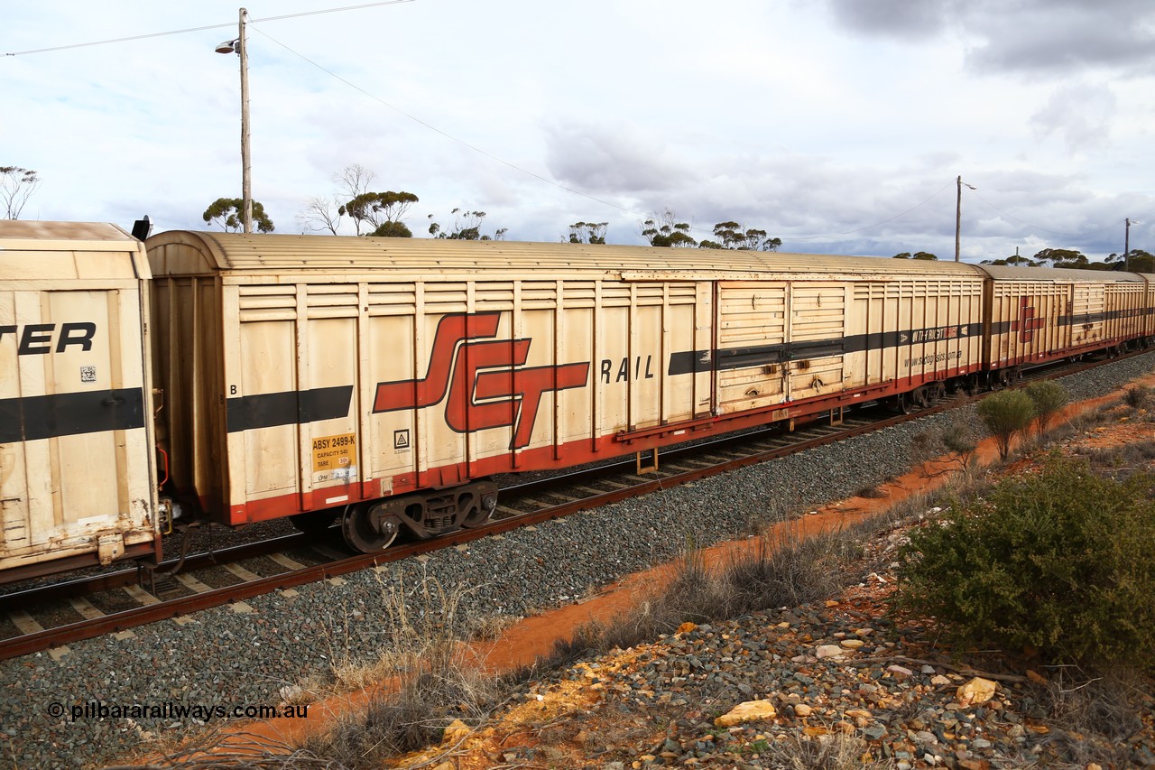 160526 5347
West Kalgoorlie, SCT train 3MP9 operating from Melbourne to Perth, ABSY type ABSY 2499 covered van, originally built by Mechanical Handling Ltd SA in 1972 for Commonwealth Railways as VFX type recoded to ABFX and then RBFX before being converted from ABFY by Gemco WA to ABSY type in 2004/05.
Keywords: ABSY-type;ABSY2499;Mechanical-Handling-Ltd-SA;VFX-type;ABFY-type;