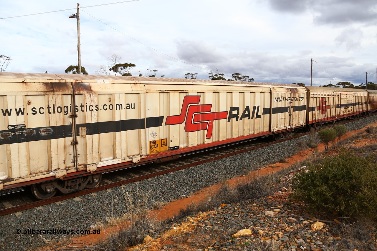 160526 5348
West Kalgoorlie, SCT train 3MP9 operating from Melbourne to Perth, PBGY type covered van PBGY 0023 Multi-Freighter, one of eighty two waggons built by Queensland Rail Redbank Workshops in 2005.
Keywords: PBGY-type;PBGY0023;Qld-Rail-Redbank-WS;
