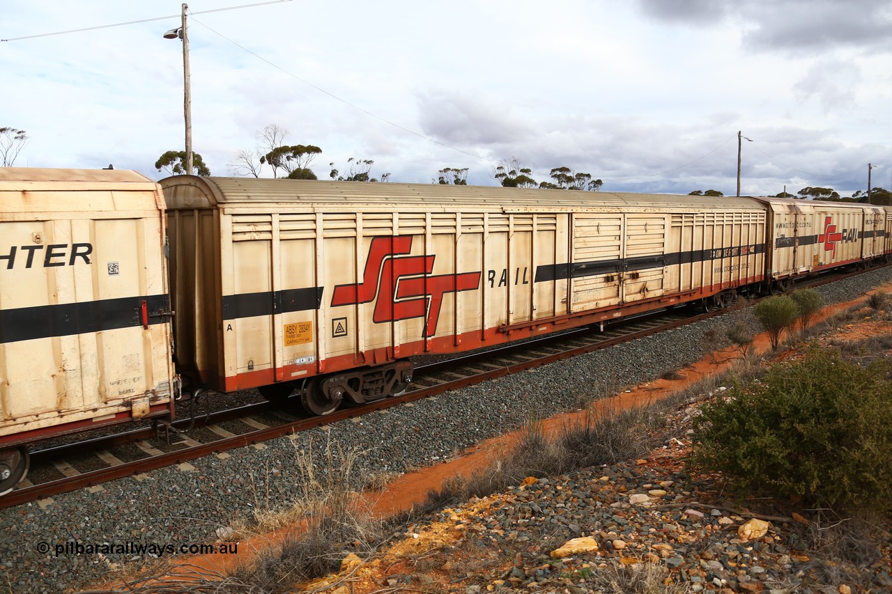 160526 5349
West Kalgoorlie, SCT train 3MP9 operating from Melbourne to Perth, ABSY type ABSY 2834 covered van, originally built by Carmor Engineering SA in 1976 as a VFX type covered van for Commonwealth Railways, recoded to ABFX and converted from ABFY by Gemco WA in 2004/05 to ABSY.
Keywords: ABSY-type;ABSY2834;Carmor-Engineering-SA;VFX-type;ABFY-type;