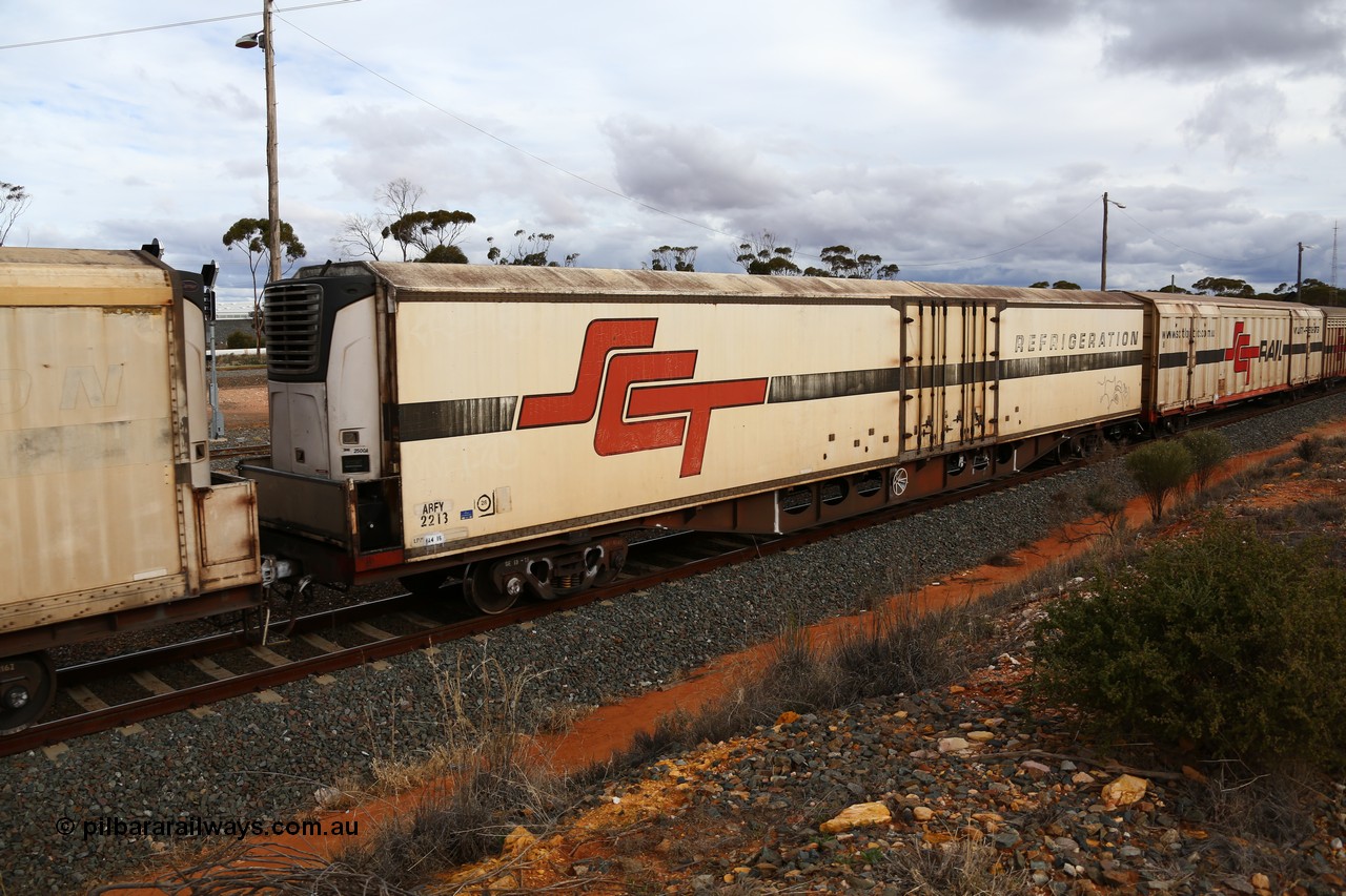 160526 5354
West Kalgoorlie, SCT train 3MP9 operating from Melbourne to Perth, ARFY type ARFY 2213 refrigerated van with the later style full height side doors Fairfax (NZL) built fibreglass body that has been fitted to a Comeng Victoria 1971 built RO type flat waggon that was in service with Commonwealth Railways and recoded though ROX - AQOX - AQOY - RQOY codes before conversion.
Keywords: ARFY-type;ARFY2213;Fairfax-NZL;Comeng-Vic;RO-type;AQOX-type;