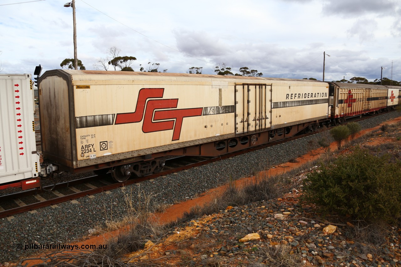 160526 5358
West Kalgoorlie, SCT train 3MP9 operating from Melbourne to Perth, ARFY type ARFY 2234 refrigerated van with a Ballarat built Maxi-CUBE fibreglass body that has been fitted to a Comeng Victoria 1971 built RO type flat waggon that was in service with Commonwealth Railways and recoded though ROX - RQX - AFQX - AQOY - RQOY codes before conversion.
Keywords: ARFY-type;ARFY2234;Maxi-Cube;Comeng-Vic;RO-type;AQOX-type;