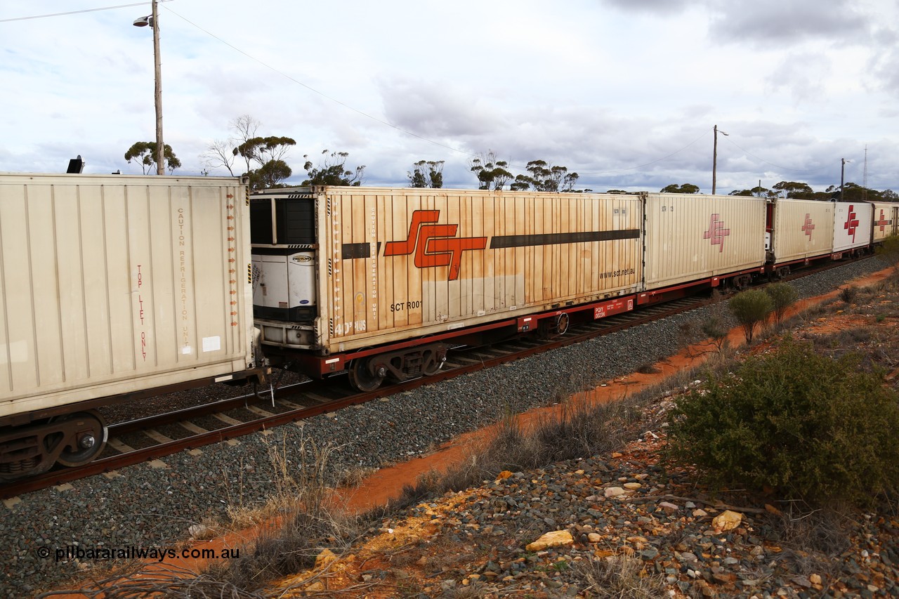 160526 5360
West Kalgoorlie, SCT train 3MP9 operating from Melbourne to Perth, Gemco WA built forty of these PQIY type 80' container flat waggons in 2009, PQIY 0023 loaded with two SCT 40' reefers SCTR 001 and SCT 123.
Keywords: PQIY-type;PQIY0023;Gemco-WA;