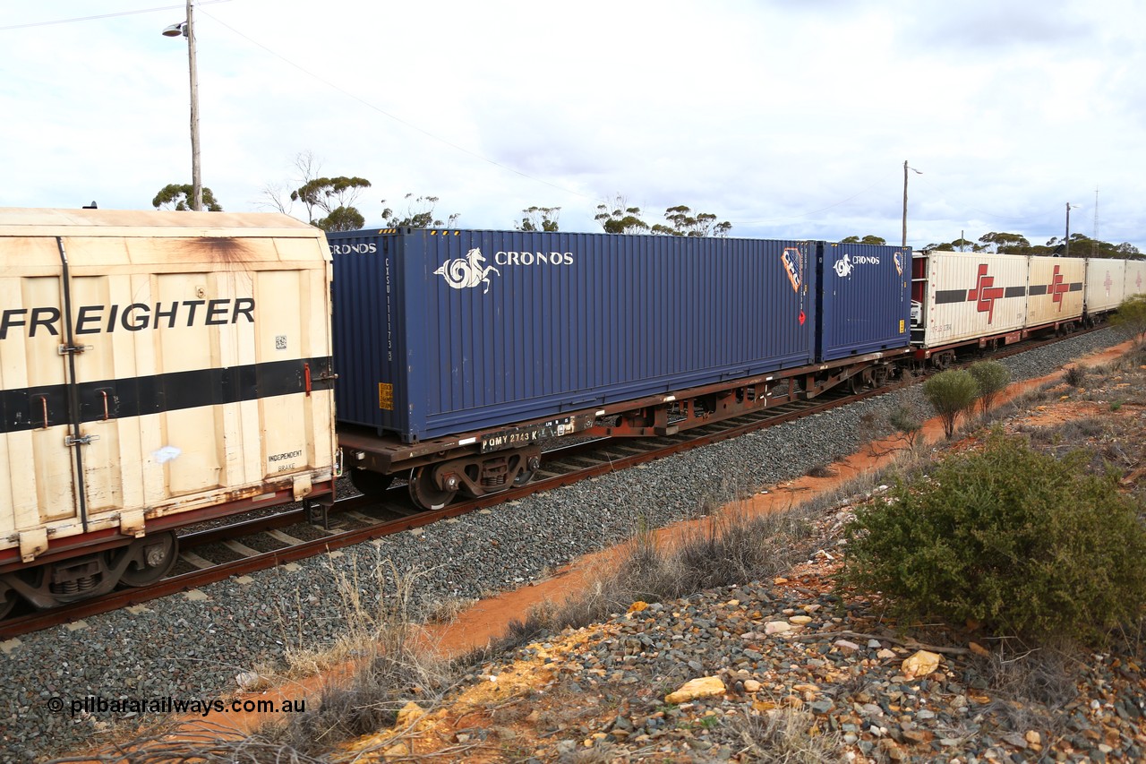 160526 5363
West Kalgoorlie, SCT train 3MP9 operating from Melbourne to Perth, PQMY type 60' 3TEU container flat waggon PQMY 2743 originally built by Perry Engineering SA in 1974 as an RMX type flat, recoded through AQMX - AQMY - RQMY types before SCT ownership, loaded with 40' 4EG1 Cronos box CSXU 111173 and a 20' 2EG1 Cronos box CSXU 115873.
Keywords: PQMY-type;PQMY2743;Perry-Engineering-SA;RMX-type;