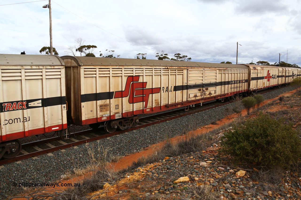 160526 5366
West Kalgoorlie, SCT train 3MP9 operating from Melbourne to Perth, ABSY type ABSY 2452 covered van, originally built by Mechanical Handling Ltd SA in 1972 for Commonwealth Railways as VFX type recoded to ABFX and then RBFX before being converted by Gemco WA to ABSY type in 2004/05.
Keywords: ABSY-type;ABSY2452;Mechanical-Handling-Ltd-SA;VFX-type;ABFY-type;