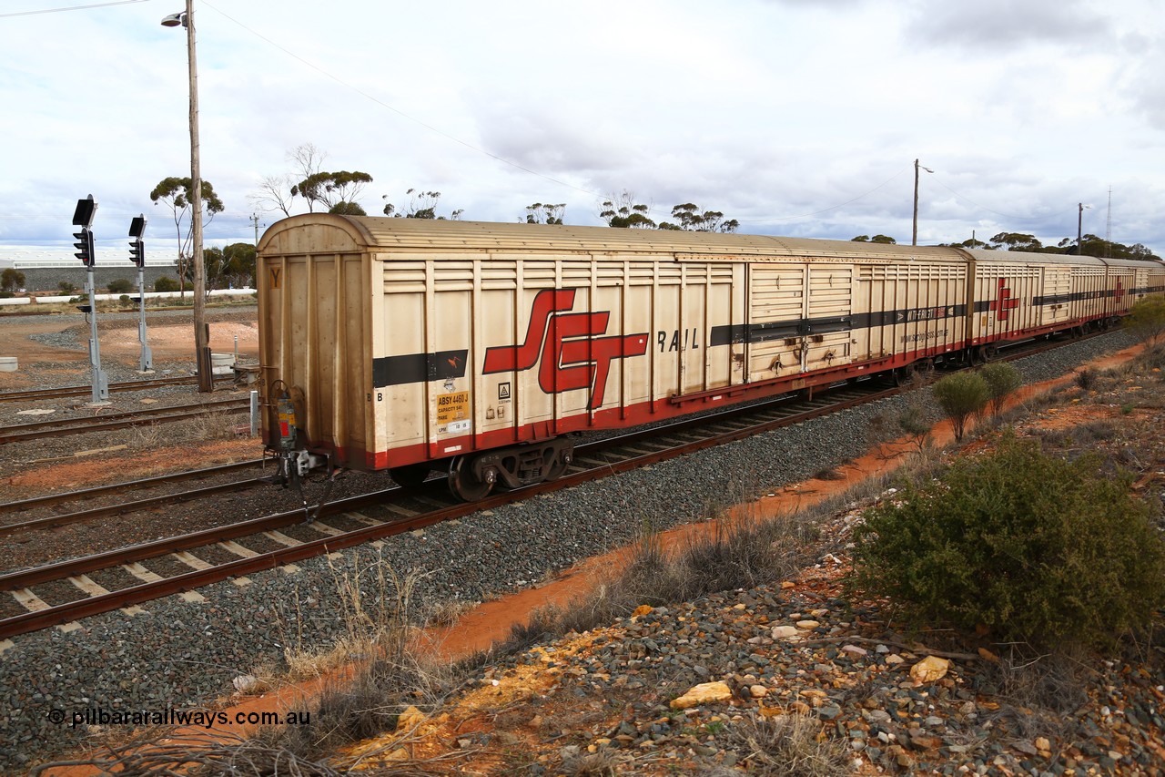 160526 5368
West Kalgoorlie, SCT train 3MP9 operating from Melbourne to Perth, ABSY type ABSY 4460 covered van, originally built by Comeng WA in 1977 for Commonwealth Railways as VFX type, recoded to ABFX and RBFX to SCT as ABFY before conversion by Gemco WA to ABSY in 2004/05.
Keywords: ABSY-type;ABSY4460;Comeng-WA;VFX-type;ABFX-type;