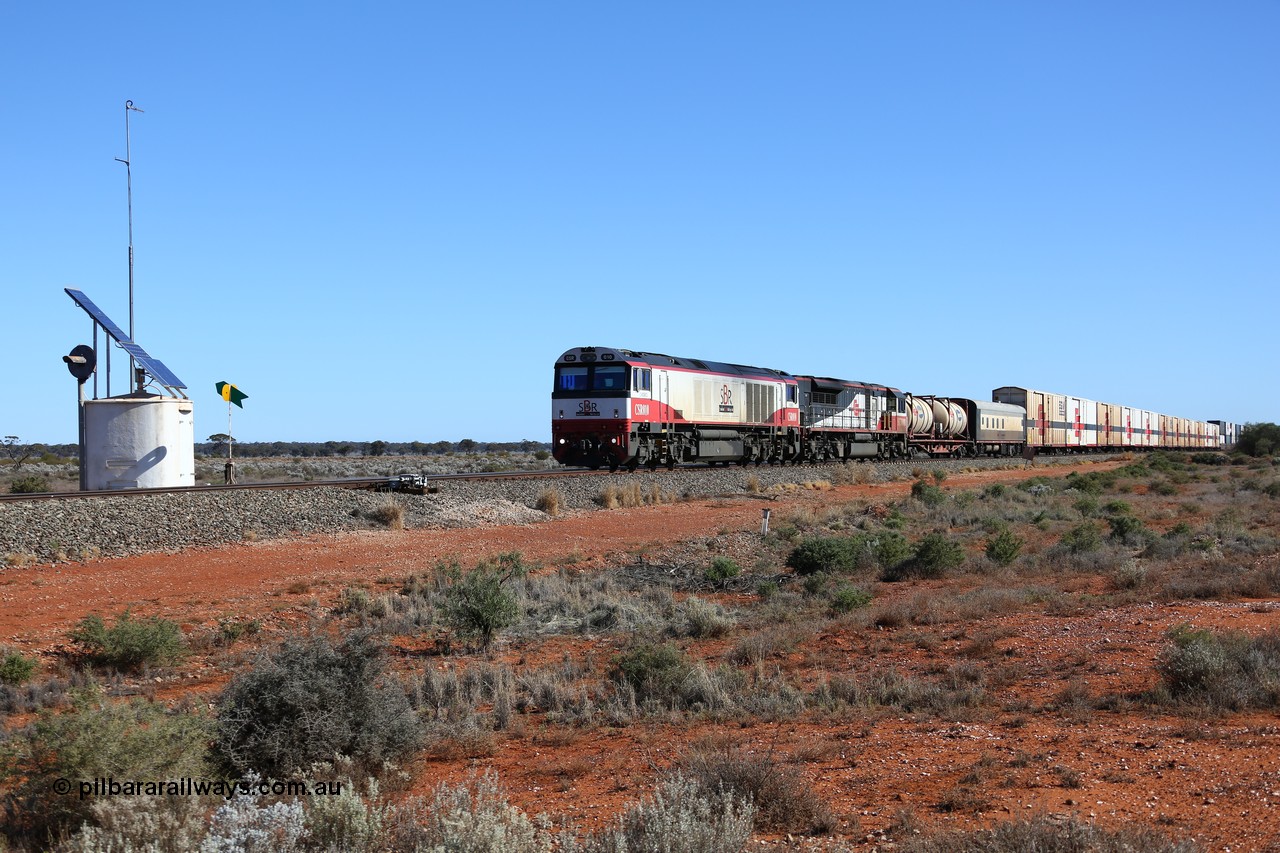 160527 5520
Blamey crossing loop at the 1692 km, SCT train 5PM9 operating from Perth to Melbourne speeds through behind CSR Ziyang Locomotive Co, China SDA1 model SCT CSR class locomotive CSR 010 'C Mobrici' and SCT 008 with 71 waggons for 4117.5 tonnes and 1752.5 metres.
Keywords: CSR-class;CSR-010;CSR-Ziyang-China;SDA1;