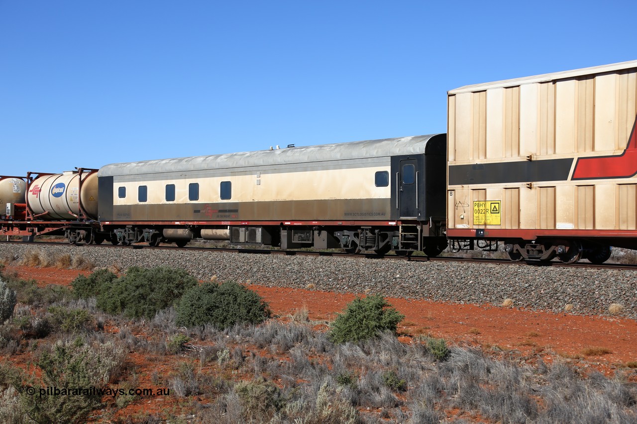 160527 5525
Blamey crossing loop at the 1692 km, SCT train 5PM9 operating from Perth to Melbourne, SCT crew accommodation coach PSDS class PSDS 02279 converted by Gemco WA in 2008 from former Comeng NSW built SDS class sitting car SDS 2280 for the NSWGR.
Keywords: PSDS-class;PSDS02279;Comeng-NSW;SDS-class;