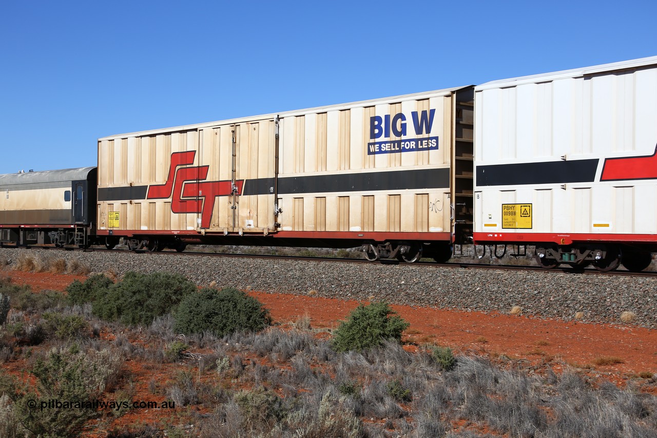 160527 5526
Blamey crossing loop at the 1692 km, SCT train 5PM9 operating from Perth to Melbourne, PBHY type covered van PBHY 0022 Greater Freighter, one of thirty five units built by Gemco WA in 2005 without the Greater Freighter signage but with Big W We Sell For Less logo.
Keywords: PBHY-type;PBHY0022;Gemco-WA;