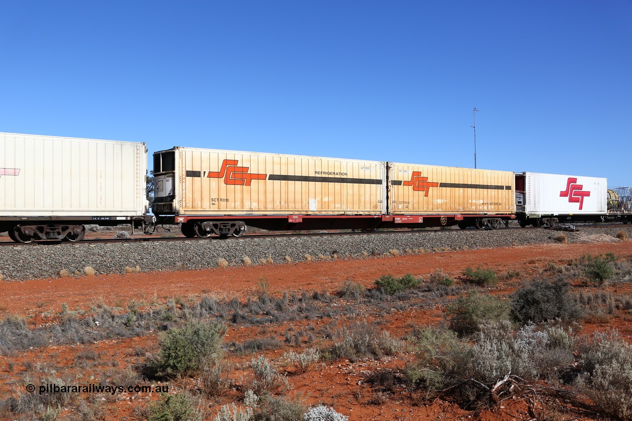 160527 5548
Blamey crossing loop at the 1692 km, SCT train 5PM9 operating from Perth to Melbourne, Gemco WA built forty of these PQIY type 80' container flat waggons in 2009, PQIY 0007 loaded with two SCT 40' reefer units SCTR 010 and SCTR 015.
Keywords: PQIY-type;PQIY0040;Gemco-WA;