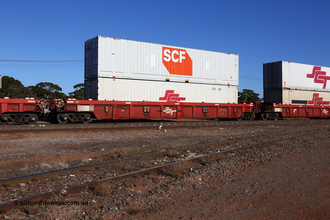 160530 9110
Parkeston, SCT train 1PM9 operates mostly empty from Perth to Melbourne, PWWY type PWWY 0030 one of forty well waggons built by Bradken NSW for SCT, loaded with a 48' SCT reefer SCTR 305 and a 48' MFG1 type SCF box SCFU 415196 with SCT decals.
Keywords: PWWY-type;PWWY0030;Bradken-NSW;