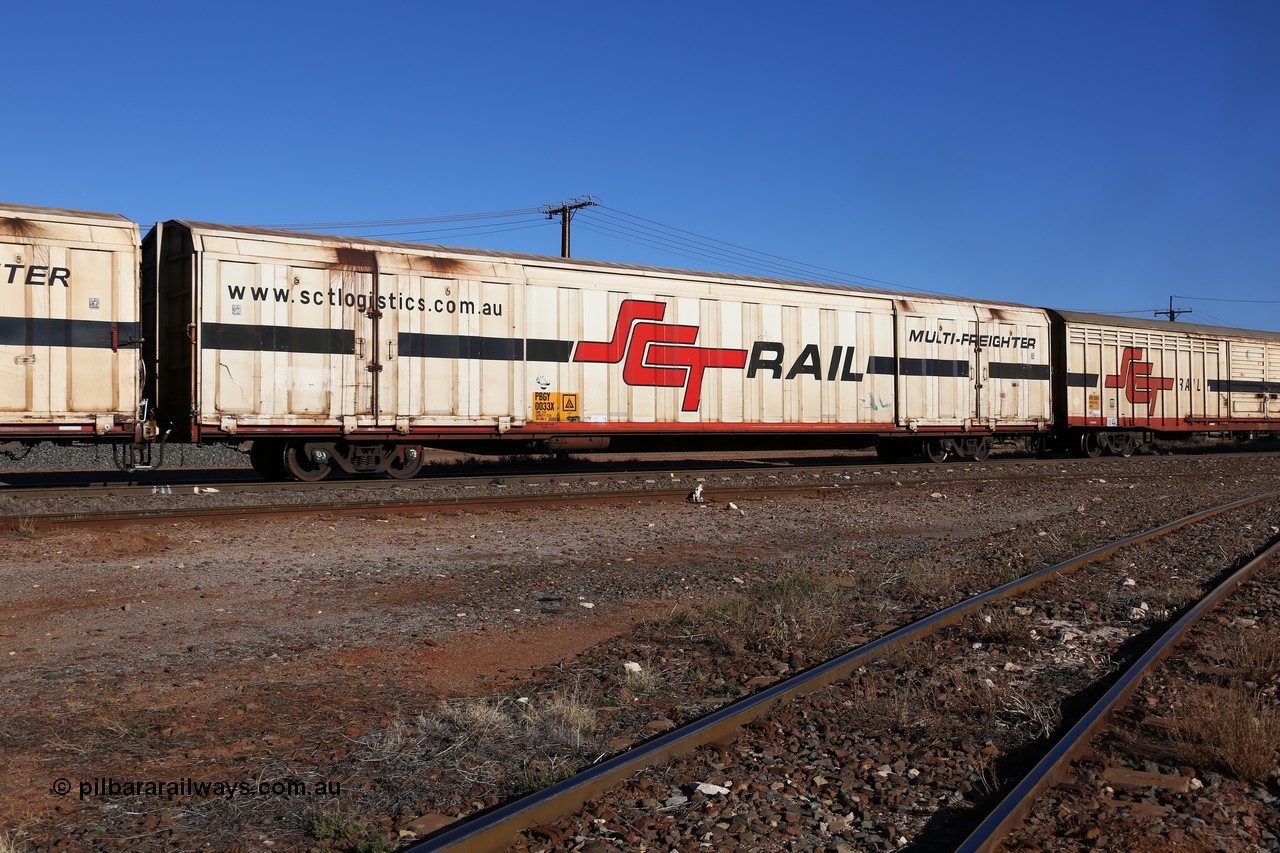 160530 9183
Parkeston, SCT train 7GP1 which operates from Parkes NSW (Goobang Junction) to Perth, PBGY type covered van PBGY 0033 Multi-Freighter, one of eighty two waggons built by Queensland Rail Redbank Workshops in 2005.
Keywords: PBGY-type;PBGY0033;Qld-Rail-Redbank-WS;