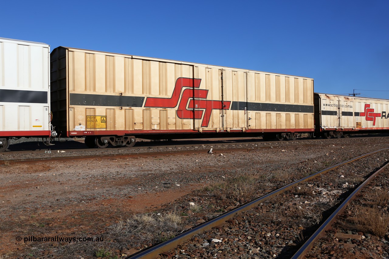 160530 9187
Parkeston, SCT train 7GP1 which operates from Parkes NSW (Goobang Junction) to Perth, PBHY type covered van PBHY 0050 Greater Freighter, one of a second batch of thirty units built by Gemco WA without the Greater Freighter signage.
Keywords: PBHY-type;PBHY0050;Gemco-WA;