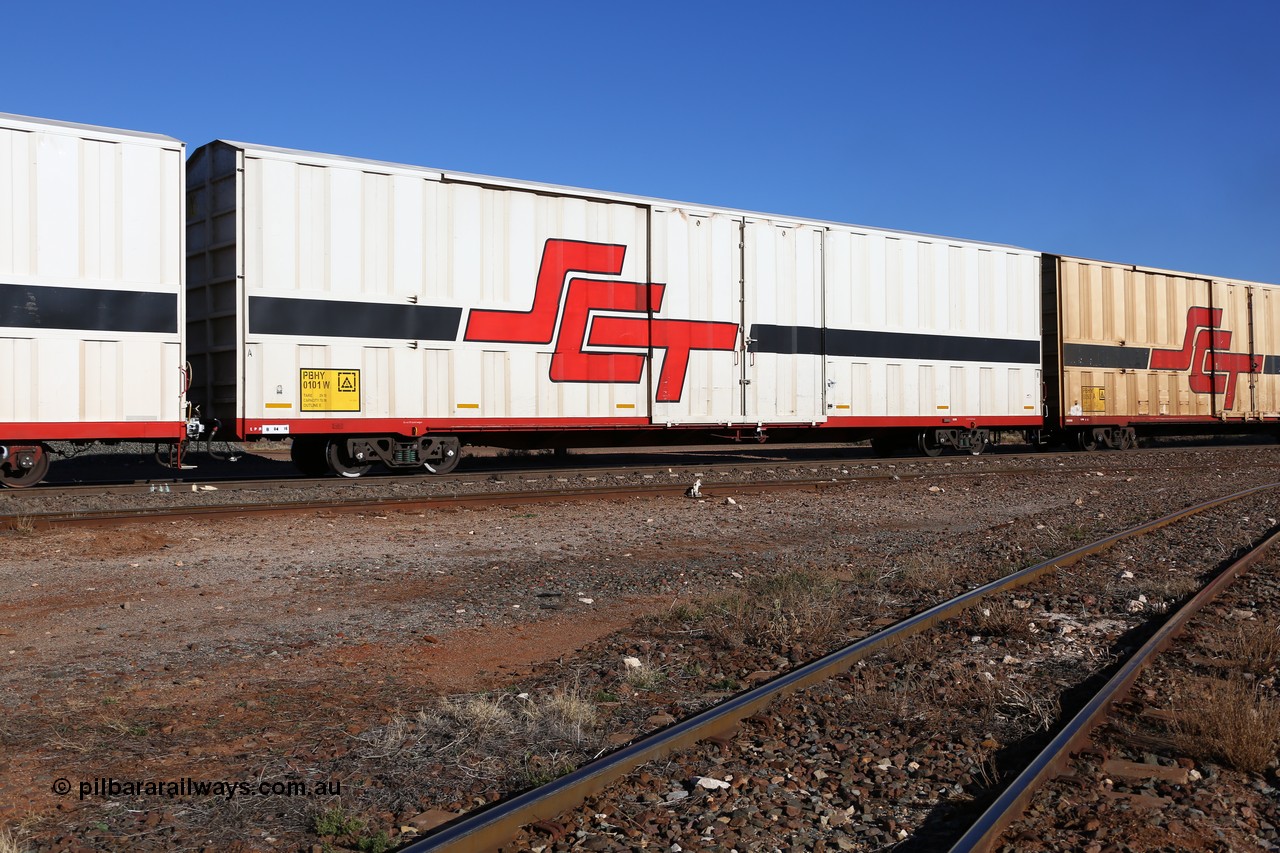 160530 9188
Parkeston, SCT train 7GP1 which operates from Parkes NSW (Goobang Junction) to Perth, PBHY type covered van PBHY 0101 Greater Freighter, built by CSR Meishan Rolling Stock Co China in 2014 without the Greater Freighter signage.
Keywords: PBHY-type;PBHY0101;CSR-Meishan-China;