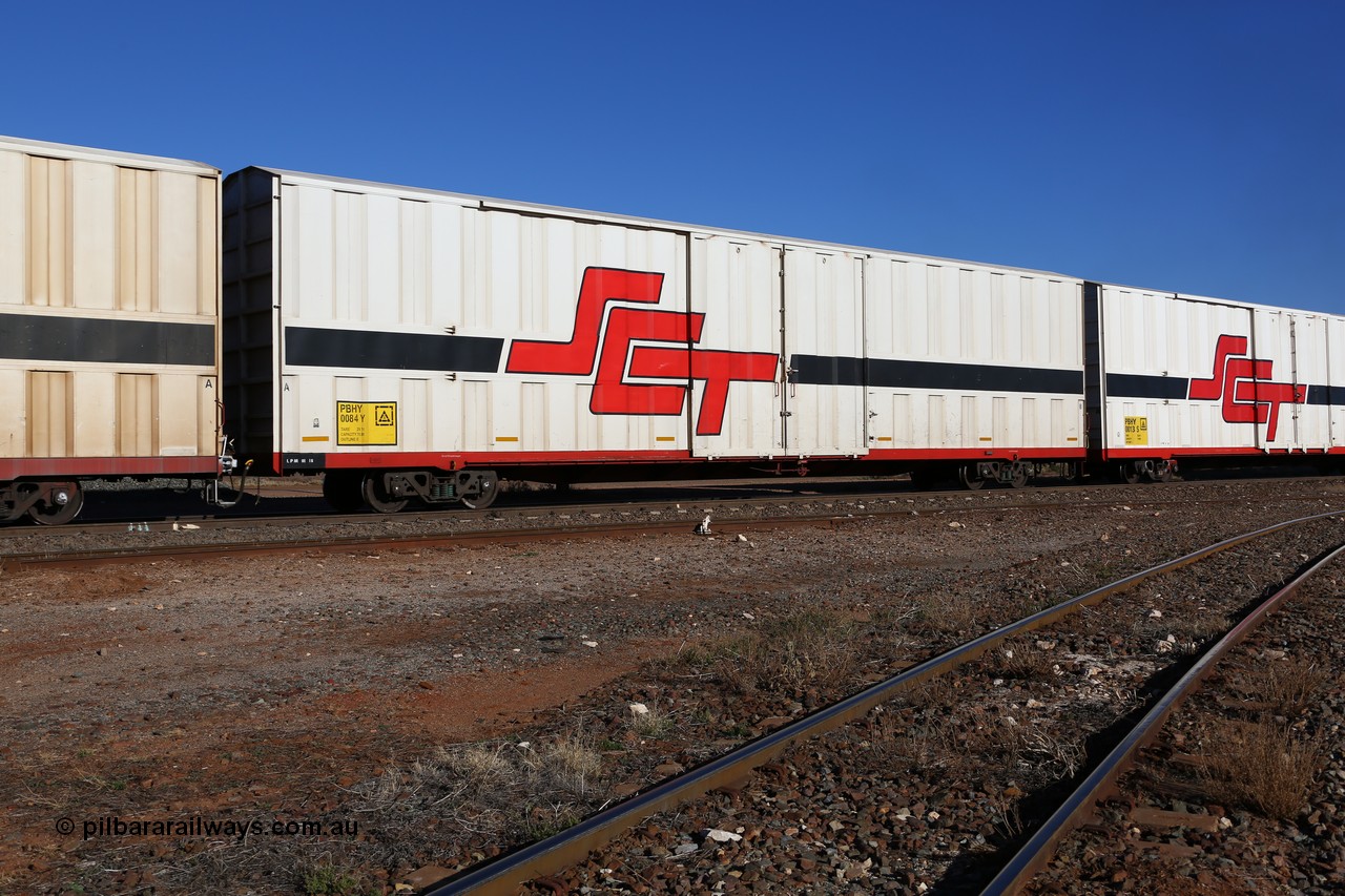 160530 9190
Parkeston, SCT train 7GP1 which operates from Parkes NSW (Goobang Junction) to Perth, PBHY type covered van PBHY 0084 Greater Freighter, built by CSR Meishan Rolling Stock Co China in 2014 without the Greater Freighter signage.
Keywords: PBHY-type;PBHY0084;CSR-Meishan-China;