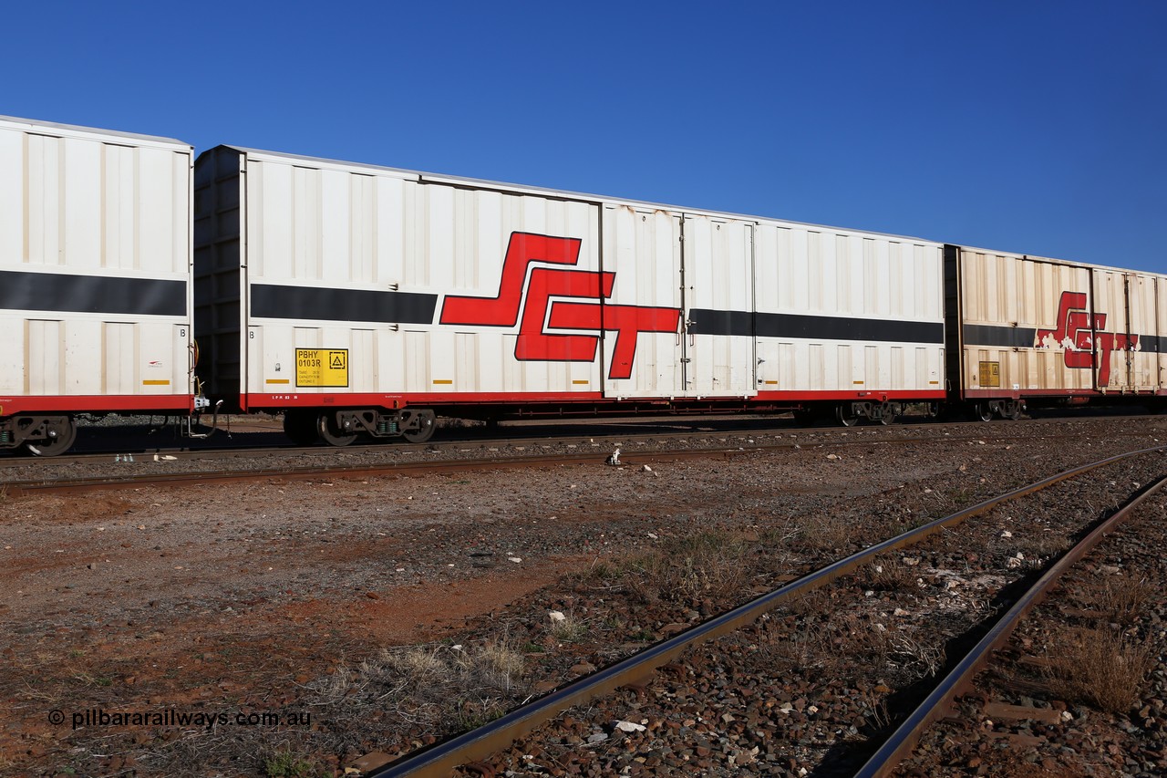 160530 9192
Parkeston, SCT train 7GP1 which operates from Parkes NSW (Goobang Junction) to Perth, PBHY type covered van PBHY 0103 Greater Freighter, built by CSR Meishan Rolling Stock Co China in 2014 without the Greater Freighter signage.
Keywords: PBHY-type;PBHY0103;CSR-Meishan-China;