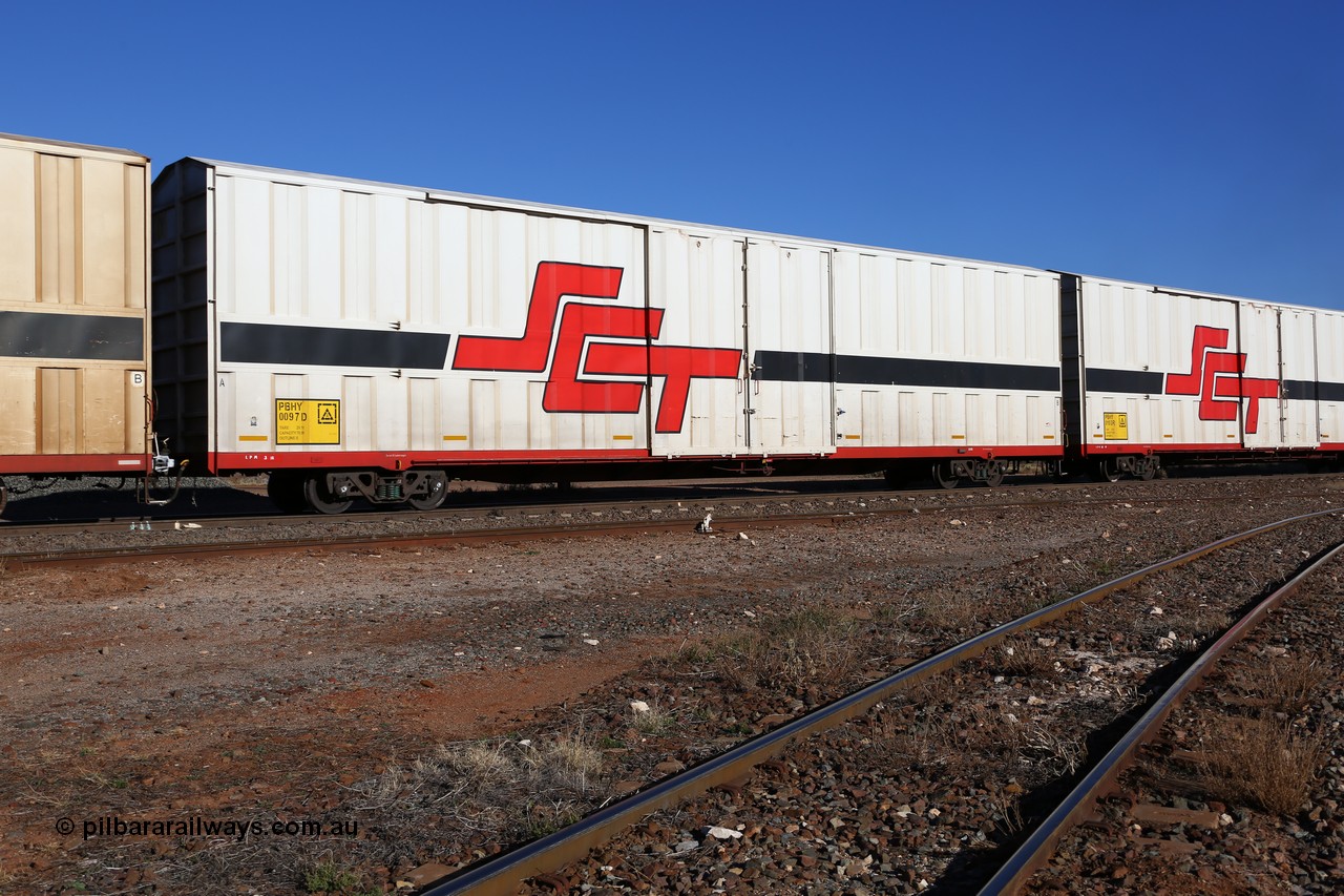 160530 9193
Parkeston, SCT train 7GP1 which operates from Parkes NSW (Goobang Junction) to Perth, PBHY type covered van PBHY 0097 Greater Freighter, built by CSR Meishan Rolling Stock Co China in 2014 without the Greater Freighter signage.
Keywords: PBHY-type;PBHY0097;CSR-Meishan-China;