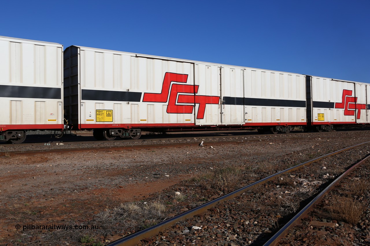 160530 9203
Parkeston, SCT train 7GP1 which operates from Parkes NSW (Goobang Junction) to Perth, PBHY type covered van PBHY 0082 Greater Freighter, built by CSR Meishan Rolling Stock Co China in 2014 without the Greater Freighter signage.
Keywords: PBHY-type;PBHY0082;CSR-Meishan-China;