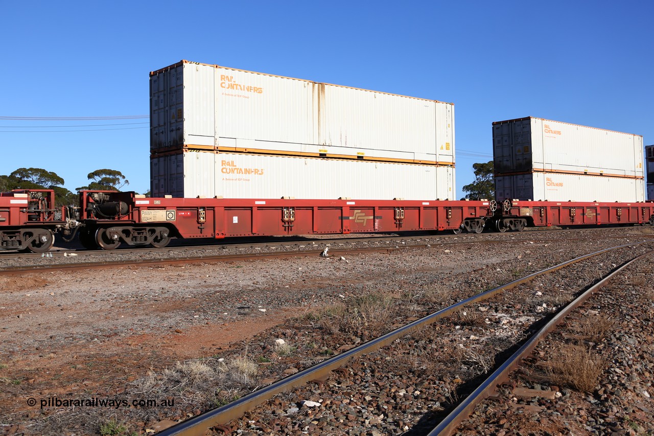 160530 9212
Parkeston, SCT train 7GP1 which operates from Parkes NSW (Goobang Junction) to Perth, PWWY type PWWY 0024 one of forty well waggons built by Bradken NSW for SCT, loaded with two 48' MFG1 type Rail Container boxes SCFU 412610 and SCFU 412615.
Keywords: PWWY-type;PWWY0024;Bradken-NSW;