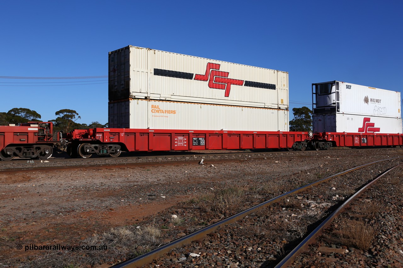 160530 9216
Parkeston, SCT train 7GP1 which operates from Parkes NSW (Goobang Junction) to Perth, PWXY type PWXY 0005 one of twelve well waggons built by CSR Meishan Rolling Stock Co of China for SCT in 2008, loaded with two 48' MFG1 type boxes, a Rail Containers SCFU 412560 and an SCT box SCTDS 4831.
Keywords: PWXY-type;PWXY0005;CSR-Meishan-China;