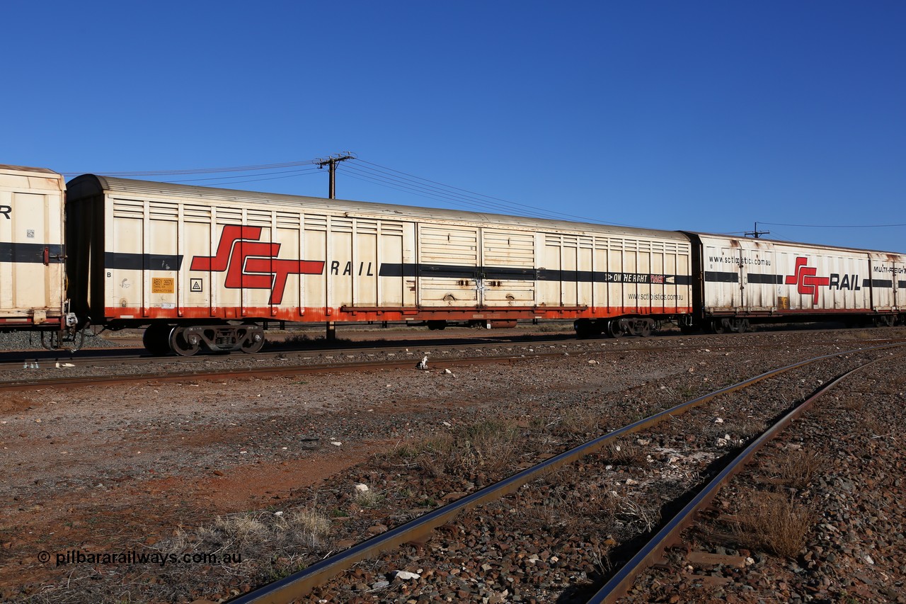 160530 9230
Parkeston, SCT train 7GP1 which operates from Parkes NSW (Goobang Junction) to Perth, ABSY type ABSY 2657 covered van, originally built by Comeng NSW in 1973 for Commonwealth Railways as VFX type, recoded to ABFX, RBFX to SCT as ABFY before conversion by Gemco WA to ABSY in 2004/05.
Keywords: ABSY-type;ABSY2657;Comeng-NSW;VFX-type;ABFX-type;ABNX-type;ABFY-type;
