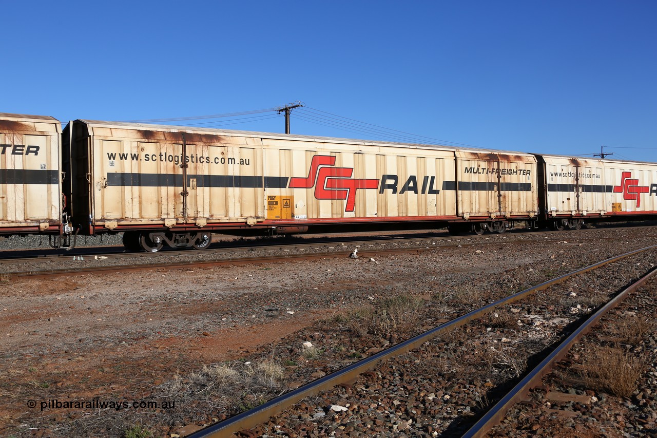 160530 9237
Parkeston, SCT train 7GP1 which operates from Parkes NSW (Goobang Junction) to Perth, PBGY type covered van PBGY 0003 Multi-Freighter, one of eighty two waggons built by Queensland Rail Redbank Workshops in 2005.
Keywords: PBGY-type;PBGY0003;Qld-Rail-Redbank-WS;