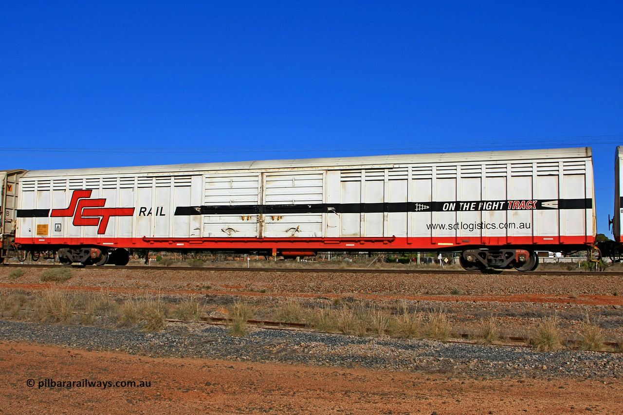 100603 8988
Parkeston, SCT's 3MP9 service operating from Melbourne to Perth, ABSY type ABSY 2456 covered van, originally built by Mechanical Handling Ltd SA in 1971 for Commonwealth Railways as VFX type recoded to ABFX and then RBFX to SCT as ABFY before being converted by Gemco WA to ABSY type in 2004/05.
Keywords: ABSY-type;ABSY2456;Mechanical-Handling-Ltd-SA;VFX-type;ABFX-type;RBFX-type;ABFY-type;
