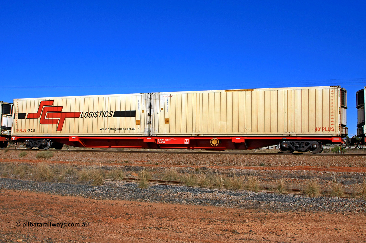 100603 8999
Parkeston, SCT train 3MP9, PQIY type 80' container flat PQIY 0035, one of forty units built by Gemco WA in 2009 loaded with 40' K+S Freighters GPR1 type reefer RWRU 0011 and 40' SCT Logistics GPR1 type reefer SCTU 06 / CR021.
Keywords: PQIY-type;PQIY0035;Gemco-WA;