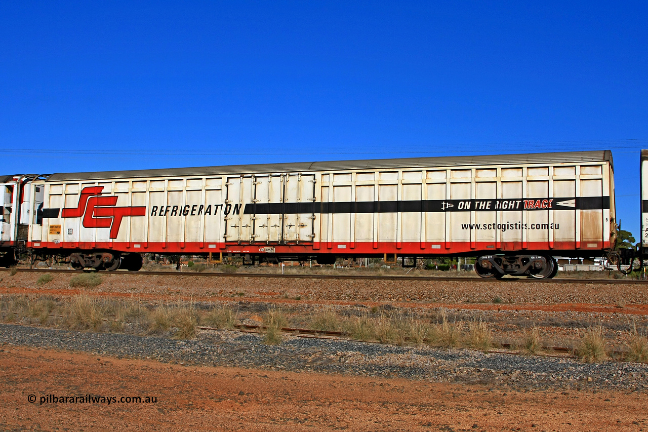 100603 9006
Parkeston, SCT train 3MP9, ARBY type ARBY 2682 refrigerated van, originally built by Comeng NSW in 1973 as a VFX type covered van for Commonwealth Railways, recoded to ABFX, RBFX and finally converted for SCT from ABFY by Gemco WA in 2004/05 to ARBY.
Keywords: ARBY-type;ARBY2682;Comeng-NSW;VFX-type;ABFY-type;