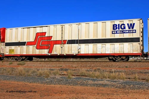 100603 8974
Parkeston, SCT train 3MP9, PBHY type covered van PBHY 0021 Greater Freighter, one of thirty five units built by Gemco WA in 2005 without the Greater Freighter signage but with Big W We Sell For Less logo.
Keywords: PBHY-type;PBHY0021;Gemco-WA;