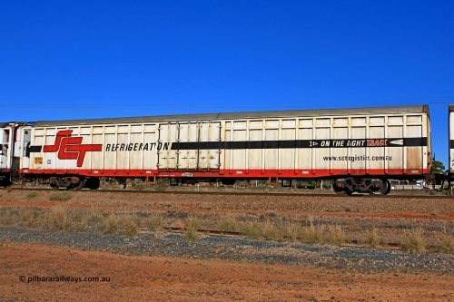 100603 9006
Parkeston, SCT train 3MP9, ARBY type ARBY 2682 refrigerated van, originally built by Comeng NSW in 1973 as a VFX type covered van for Commonwealth Railways, recoded to ABFX, RBFX and finally converted for SCT from ABFY by Gemco WA in 2004/05 to ARBY.
Keywords: ARBY-type;ARBY2682;Comeng-NSW;VFX-type;ABFY-type;