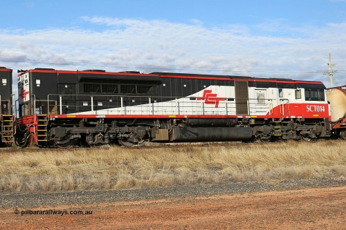 130710 1006
Parkeston, SCT train 3PG1 which operates from Perth to Parkes [Goobang Junction, NSW], with second unit SCT class SCT 014 an EDI Downer built EMD model GT46C-ACe unit with serial number 08-1738. Wednesday 10th of July 2013.
Keywords: SCT-class;SCT014;EDI-Downer;EMD;GT46C-ACe;07-1738;