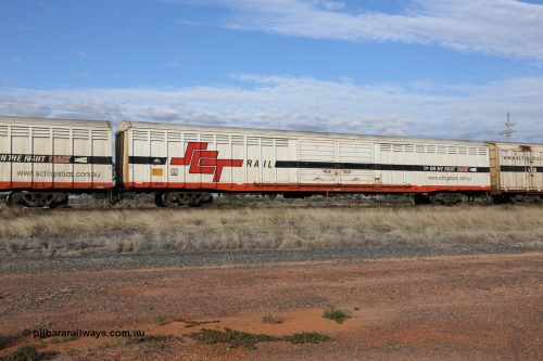 130710 1044
Parkeston, SCT train 3PG1, ABSY type ABSY 3121 covered van, originally built by Comeng WA in 1977 for Commonwealth Railways as VFX type, recoded to ABFX and RBFX to SCT as ABFY before conversion by Gemco WA to ABSY in 2004/05.
Keywords: ABSY-type;ABSY3117;Comeng-WA;VFX-type;ABFX-type;RBFX-type;ABFY-type;
