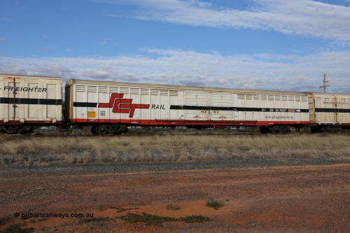 130710 1057
Parkeston, SCT train 3PG1, ABSY type ABSY 2456 covered van, originally built by Mechanical Handling Ltd SA in 1971 for Commonwealth Railways as VFX type recoded to ABFX and then RBFX to SCT as ABFY before being converted by Gemco WA to ABSY type in 2004/05.
Keywords: ABSY-type;ABSY2456;Mechanical-Handling-Ltd-SA;VFX-type;ABFX-type;RBFX-type;ABFY-type;