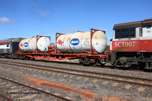 160522 2198
Parkeston, SCT train 6MP9 operating from Melbourne to Perth, SCT inline refuelling waggon PQFY type PQFY 4256 with SCT - Logicoil AMT5 type tank-tainers TILU 102028 and TILU 102020, originally built by Perry Engineering SA in 1975 for Commonwealth Railways as an RMX type container flat, recoded to AQMX, AQMY and to RQMY.
Keywords: PQFY-type;PQFY4256;Perry-Engineering-SA;RMX-type;