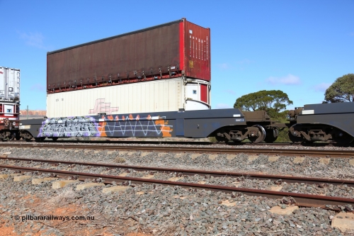 160522 2202
Parkeston, SCT train 6MP9 operating from Melbourne to Perth, CFCLA lease CQWY type well waggon set CQWY 5007-1 with a SCT 40' reefer SCTR 130 and RWTU 903034 40' curtain sider on top. The CQWY was built by Bluebird Rail Operations in South Australia in 2008 as a batch of sixty pairs.
Keywords: CQWY-type;CQWY5007;CFCLA;Bluebird-Rail-Operations-SA;
