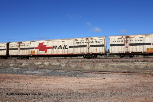 160522 2250
Parkeston, SCT train 6MP9 operating from Melbourne to Perth, PBGY type covered van PBGY 0006 Multi-Freighter, one of eighty two waggons built by Queensland Rail Redbank Workshops in 2005.
Keywords: PBGY-type;PBGY0006;Qld-Rail-Redbank-WS;
