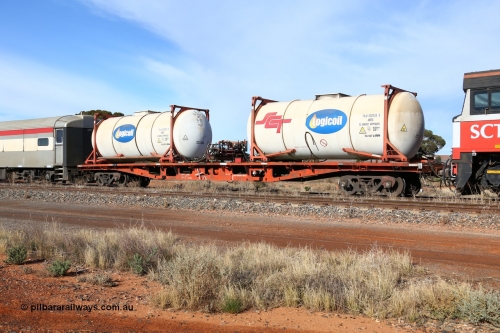 160523 2823
Parkeston, SCT train 7GP1 which operates from Parkes NSW (Goobang Junction) to Perth, SCT inline refuelling waggon PQFY type PQFY 4209 originally built by Carmor Engineering SA in 1976 for Commonwealth Railways as RMX type container waggon, with SCT - Logicoil AMT5 type tank-tainers TILU 102033 and TILU 102023.
Keywords: PQFY-type;PQFY4209;Carmor-Engineering-SA;RMX-type;