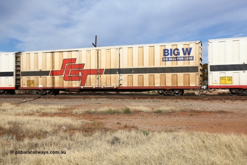 160523 2895
Parkeston, SCT train 7GP1 which operates from Parkes NSW (Goobang Junction) to Perth, PBHY type covered van PBHY 0019 Greater Freighter, one of thirty five units built by Gemco WA in 2005 without the Greater Freighter signage but with Big W We Sell For Less logo.
Keywords: PBHY-type;PBHY0019;Gemco-WA;
