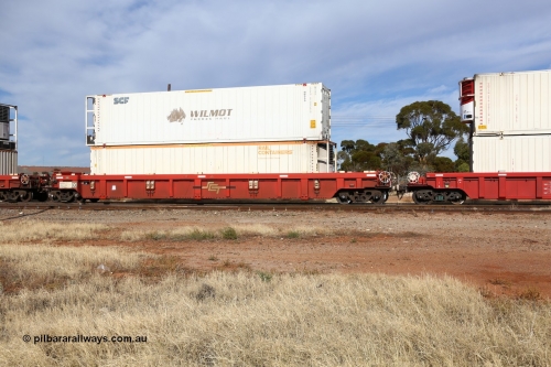 160523 2909
Parkeston, SCT train 7GP1 which operates from Parkes NSW (Goobang Junction) to Perth, PWWY type PWWY 0035 one of forty well waggons built by Bradken NSW for SCT, loaded with a 46' MFR3 type Rail Containers reefer SCFU 811005 and a 46' MFRG former Wilmot Freeze Haul WB009 now SCFU 814029.
Keywords: PWWY-type;PWWY0035;Bradken-NSW;