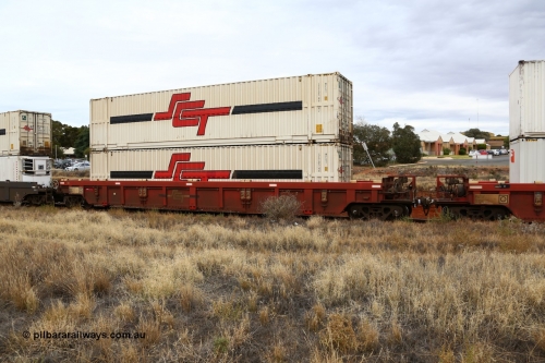 160524 3665
Kalgoorlie, SCT train 2PM9 operating from Perth to Melbourne, PWWY type PWWY 0039 one of forty well waggons built by Bradken NSW for SCT, loaded with a pair of 48' MFG1 type SCT boxes SCTDS 4816 and SCTDS 4842.
Keywords: PWWY-type;PWWY0039;Bradken-NSW;
