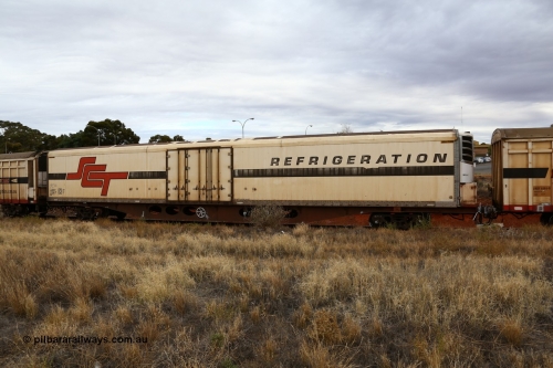 160524 3698
Kalgoorlie, SCT train 2PM9 operating from Perth to Melbourne, ARFY type ARFY 2198 refrigerated van with a Ballarat built Maxi-CUBE body mounted on an original Commonwealth Railways ROX container waggon built by Comeng Qld in 1970, recoded to AQOX, AQOY and RQOY before having the Maxi-CUBE refrigerated body added circa 1998 for SCT service.
Keywords: ARFY-type;ARFY2198;Maxi-Cube;Comeng-Qld;ROX-type;AQOX-type;