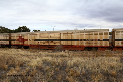 160524 3708
Kalgoorlie, SCT train 2PM9 operating from Perth to Melbourne, ABSY type ABSY 4458 covered van, originally built by Comeng WA in 1977 for Commonwealth Railways as VFX type, recoded to ABFX and RBFX to SCT as ABFY before conversion by Gemco WA to ABSY in 2004/05.
Keywords: ABSY-type;ABSY4458;Comeng-WA;VFX-type;ABFY-type;